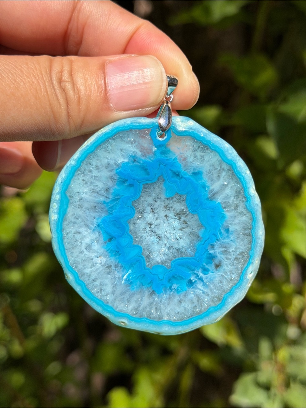 Sterling silver 925 stamped large blue druzy agate round pendant‎